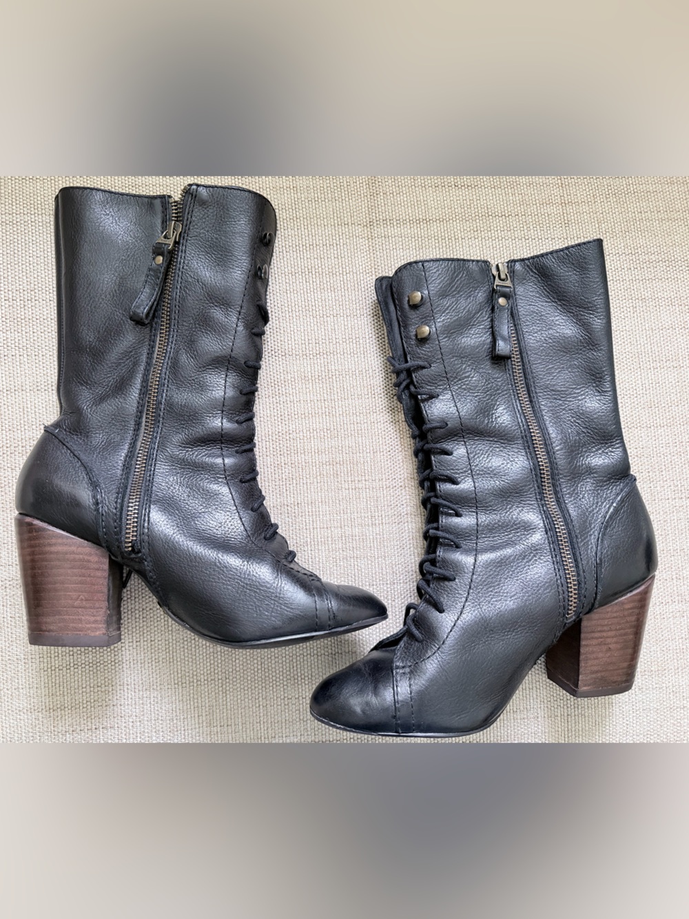 Fossil Black Leather Lace-Up Mid Calf Block Heel Boots Women’s 6 Side Zip